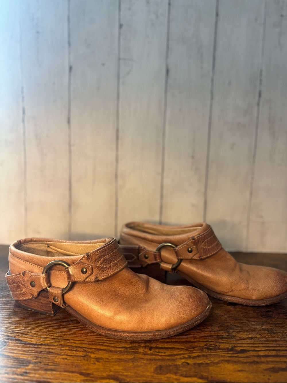 Frye Tan Leather Ankle Clogs with Ring Accent